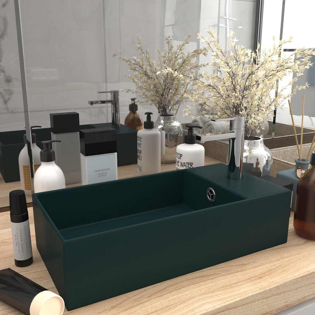 146992 vidaXL Bathroom Sink with Overflow Ceramic Dark Green