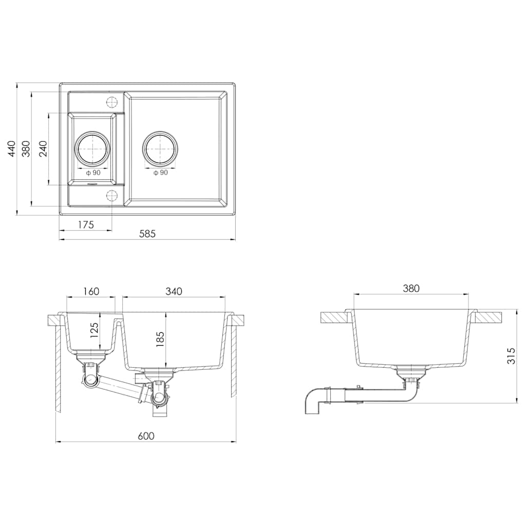 Kitchen Sink with Overflow Hole Double Basins White Granite