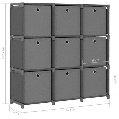 322613 vidaXL 9-Cube Display Shelf with Boxes Grey 103x30x107,5 cm Fabric