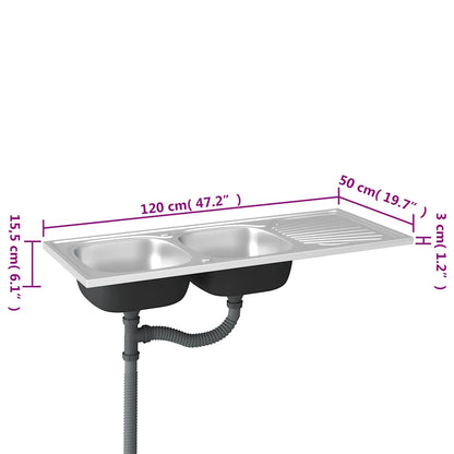 Kitchen Sink with Double Sinks Silver 1200x500x155 mm Stainless Steel