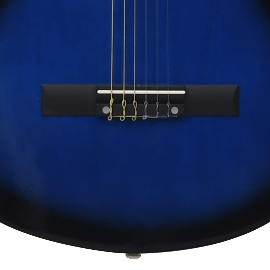 Classical Guitar for Beginner with Bag Blue 4/4 39" - Close-up of the blue basswood guitar showcasing its elegant design and sturdy plastic buttons.