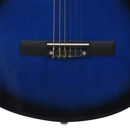 Classical Guitar for Beginner with Bag Blue 4/4 39" - Close-up of the blue basswood guitar showcasing its elegant design and sturdy plastic buttons.