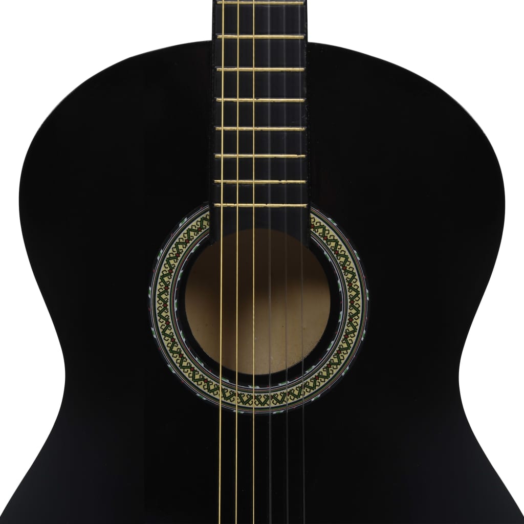 Classical Guitar for Beginner with Bag Black 4/4 39" - Close-up view showcasing the glossy black finish and intricate details of the body.