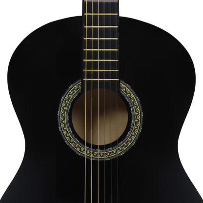 Classical Guitar for Beginner with Bag Black 4/4 39" - Close-up view showcasing the glossy black finish and intricate details of the body.