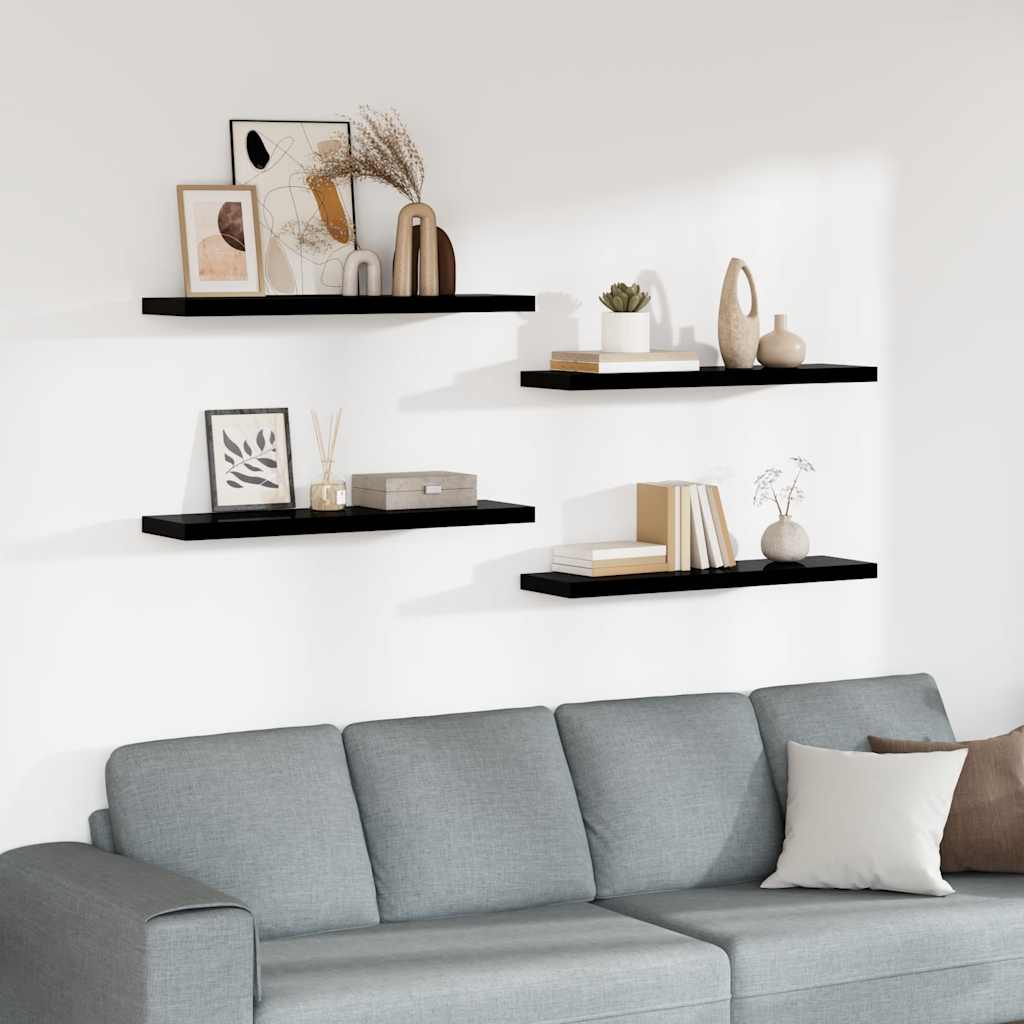 Floating Wall Shelves 4 pcs High Gloss Black 90x23.5x3.8 cm MDF