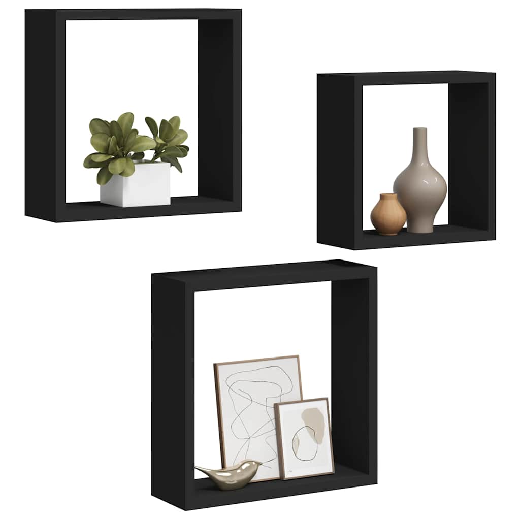 Wall Cube Shelves 3 pcs Black MDF