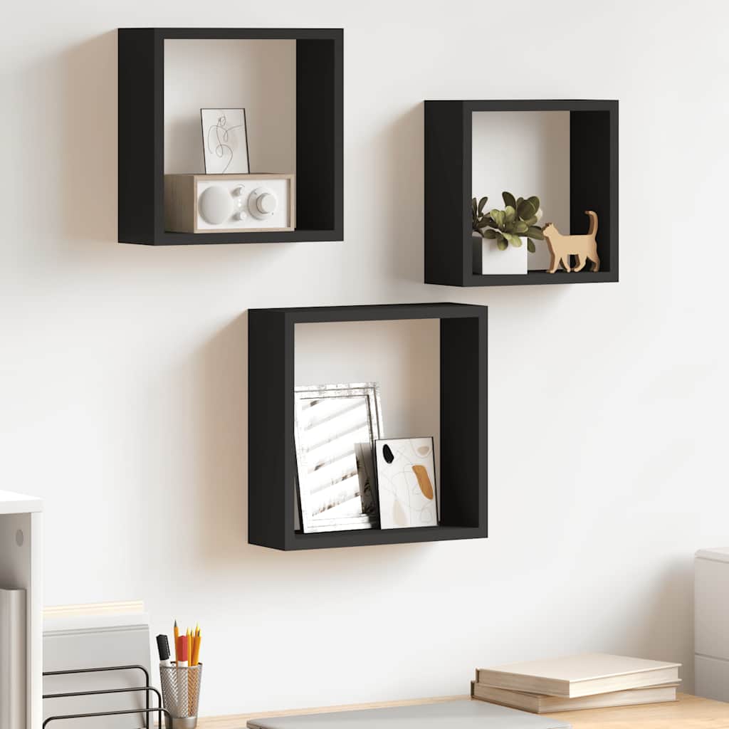 Wall Cube Shelves 3 pcs Black MDF