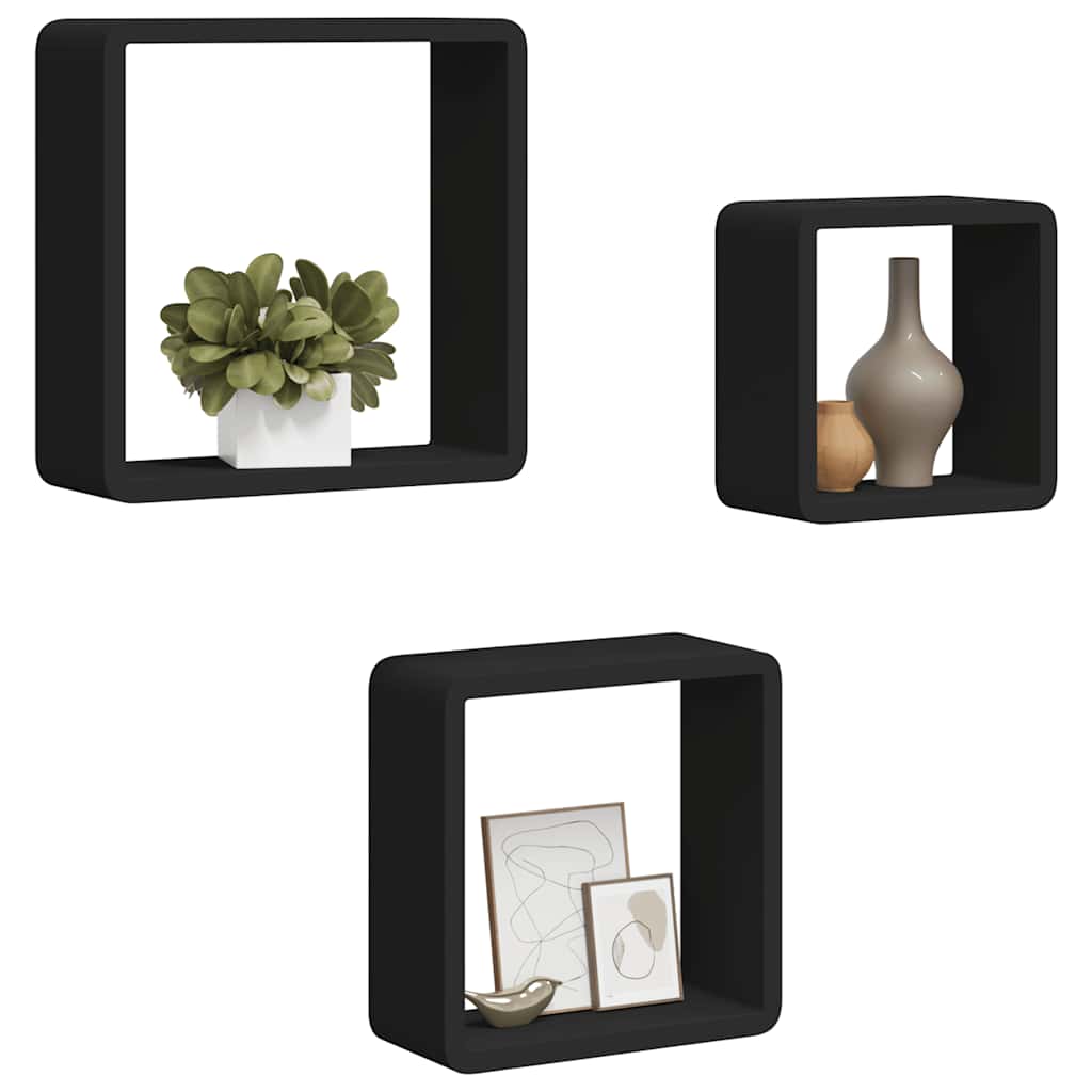 Wall Cube Shelves 3 pcs Black MDF