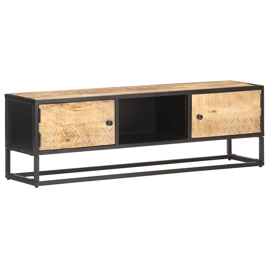 320943 vidaXL TV Cabinet with Carved Door 130x30x40 cm Rough Mango Wood
