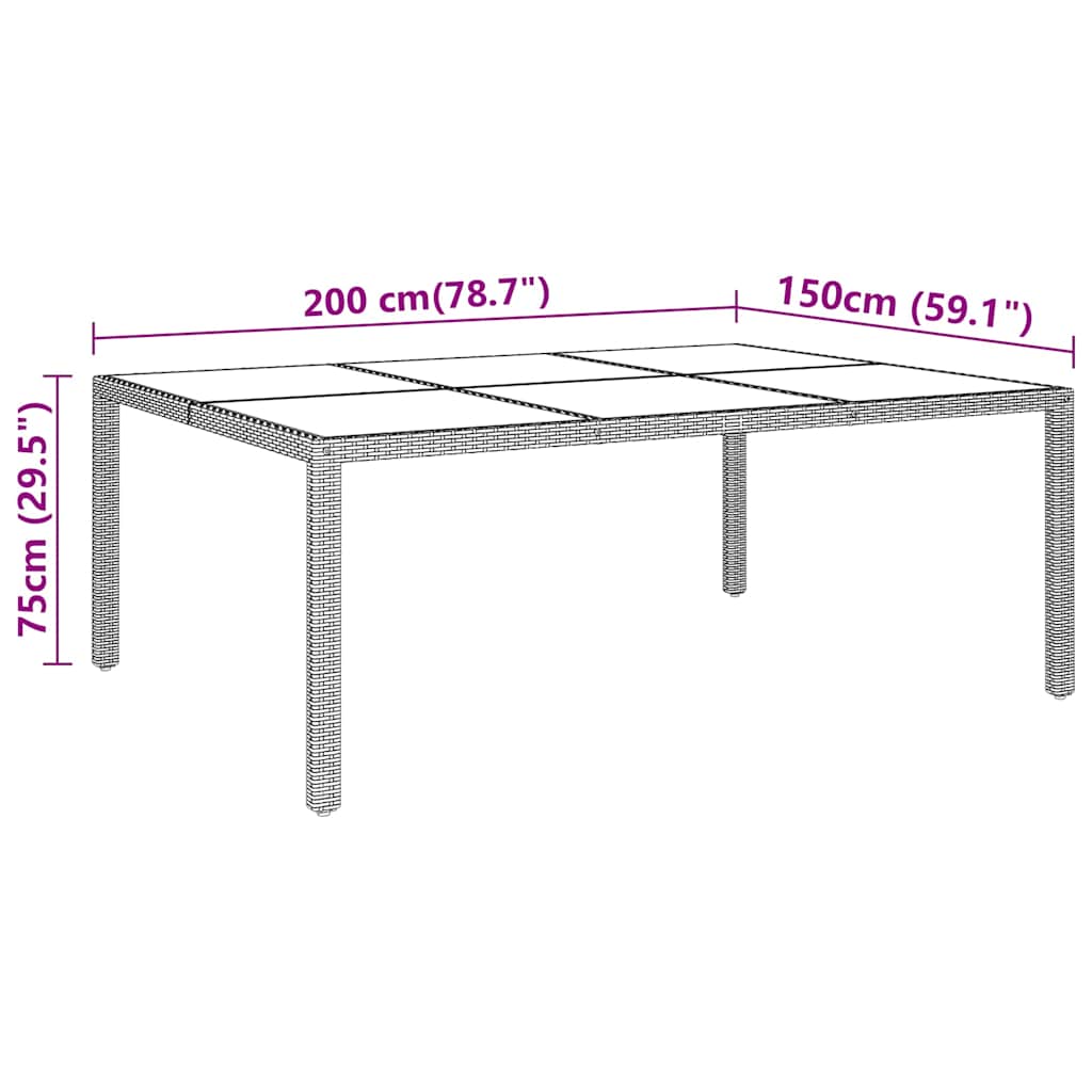 310587 vidaXL Garden Table 200x150x75 cm Tempered Glass and Poly Rattan Grey