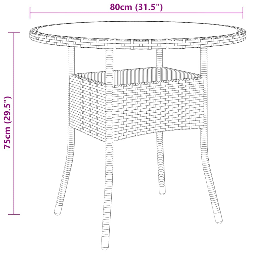 310604 vidaXL Garden Table Ø80x75 cm Tempered Glass and Poly Rattan Black