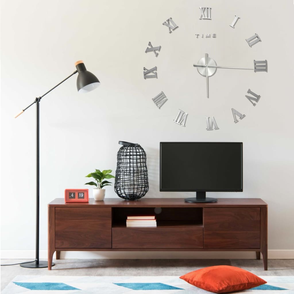 3D Wall Clock Modern Design Silver 100 cm XXL showcasing a stylish and shiny finish, ideal for room decor.