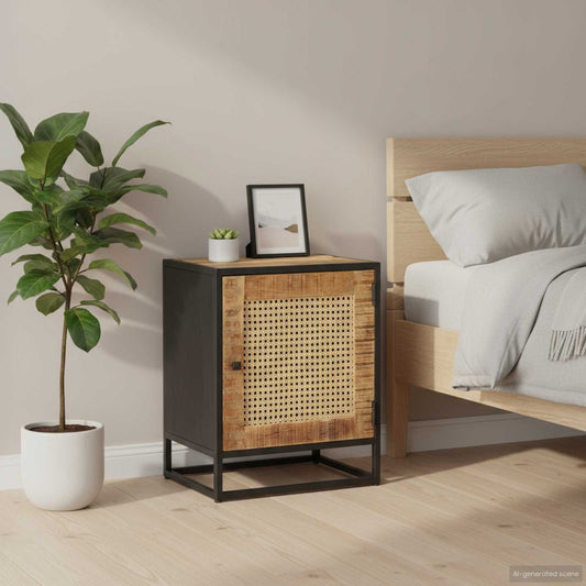 323140 vidaXL Bedside Cabinet 40x30x50 cm Rough Mango Wood and Natural Cane