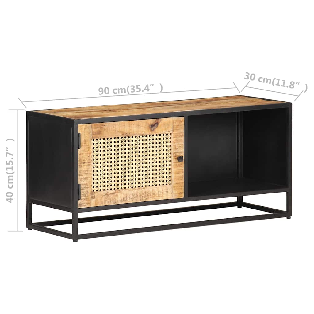 323144 vidaXL TV Cabinet 90x30x40 cm Rough Mango Wood and Natural Cane