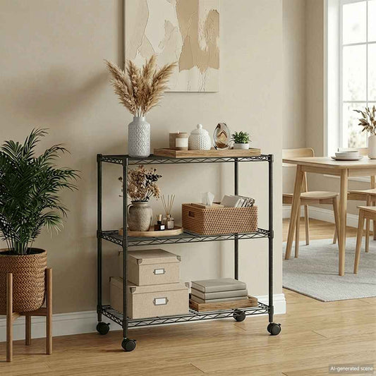 3-Tier Storage Rack with Wheels 60x35x81 cm Black 150 kg