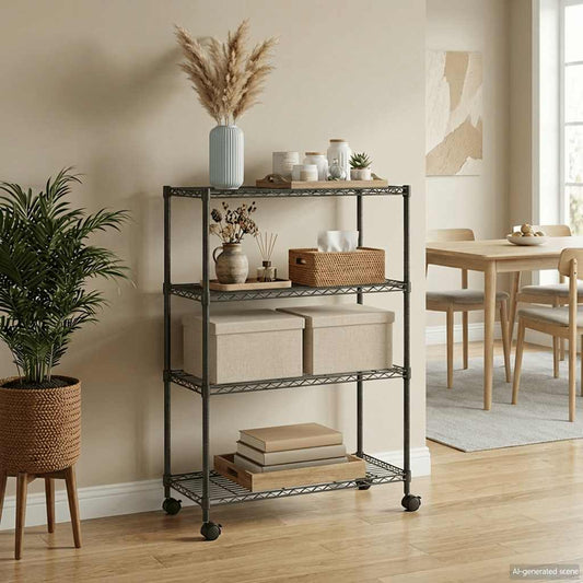 4-Tier Storage Shelf with Wheels 90x35x142 cm Black 200 kg