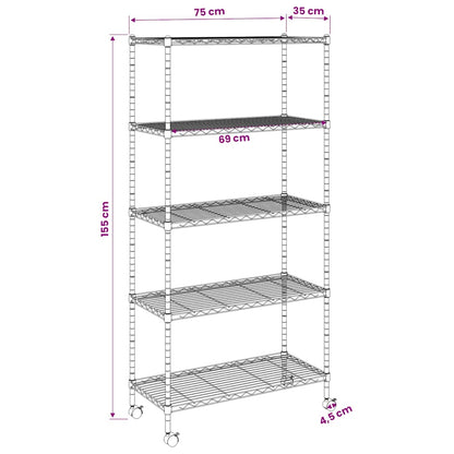 5-Tier Storage Shelf with Wheels 75x35x155 cm Chrome 250 kg