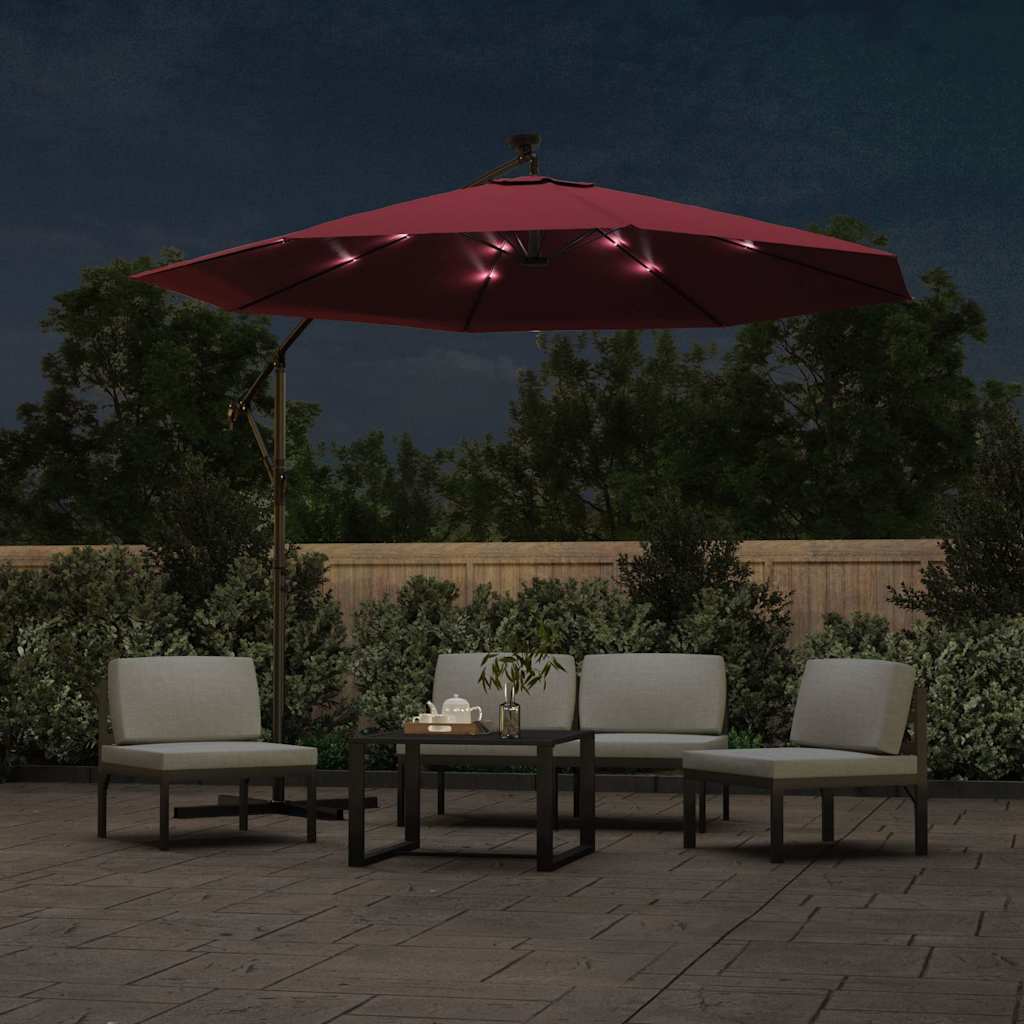 Cantilever Garden Parasol with LED Lights&Steel Pole Wine Red