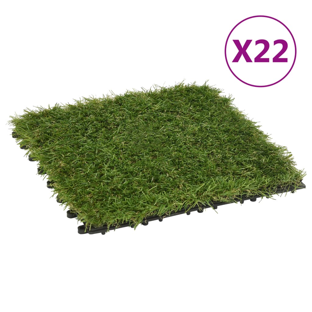 Artificial Grass Tiles set of 22 pieces in vibrant green colour, each tile measuring 30x30 cm, perfect for creating a lush, maintenance-free lawn.