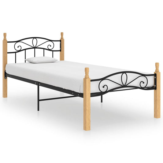 Bed Frame without Mattress Black Metal&Solid Oak Wood 100x200 cm