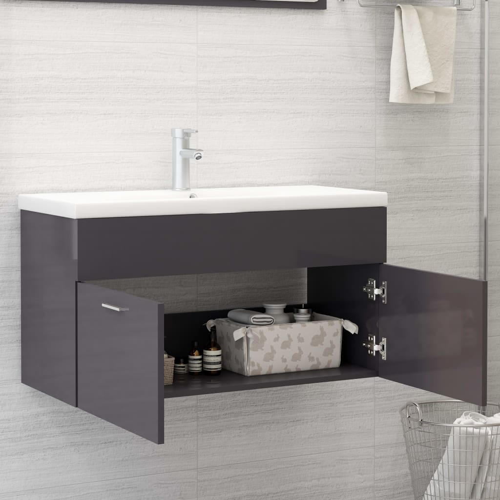 Sink Cabinet | High gloss grey | Engineered wood | Large