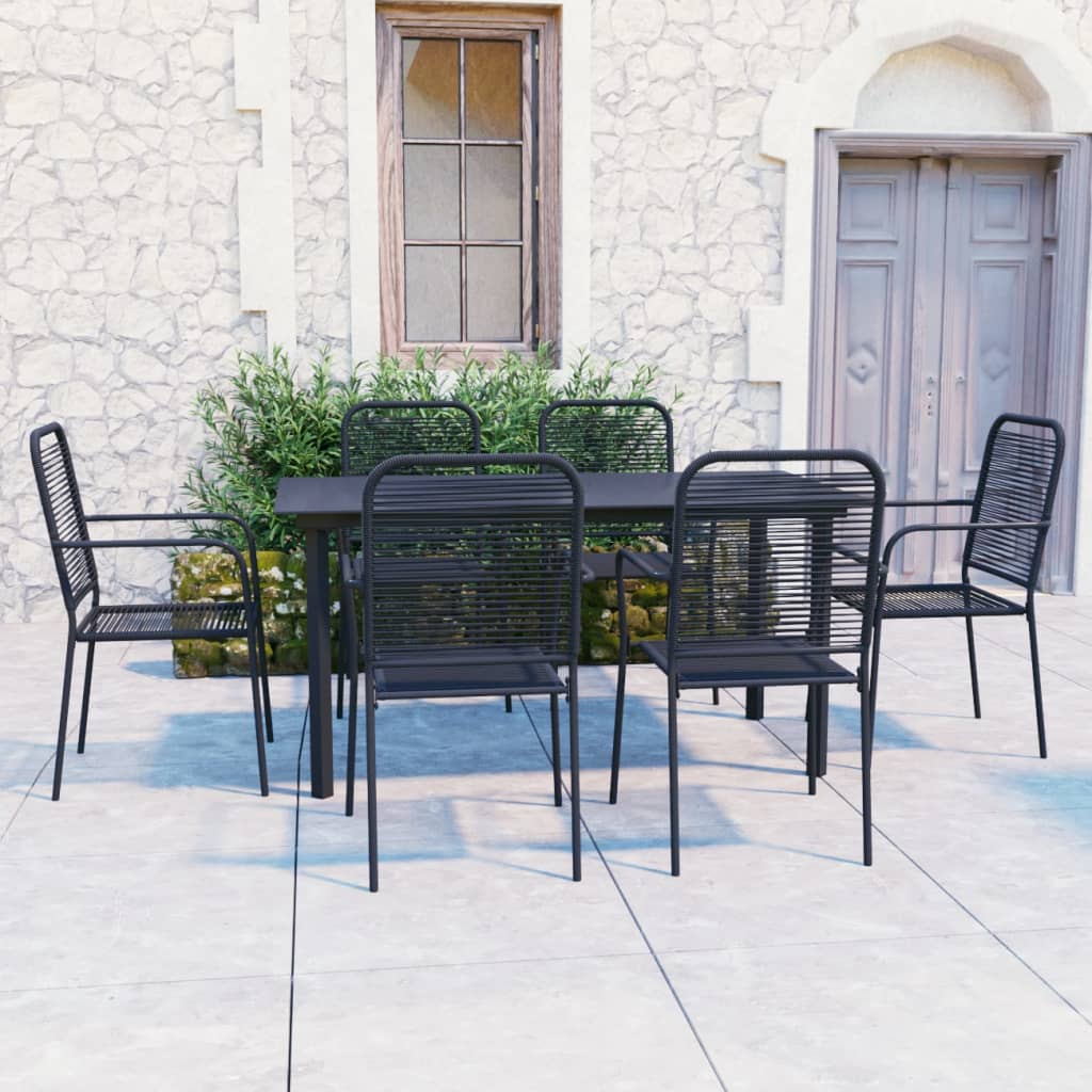 Garden Dining Set | Black | Powder-coated steel, glass, cotton rope