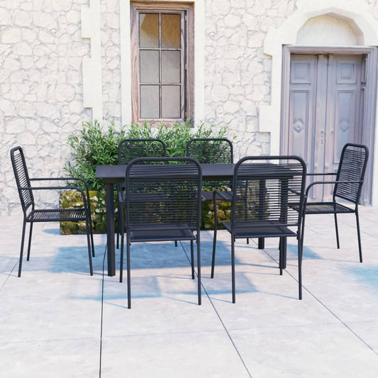 Garden Dining Set | Black | Powder-coated steel, glass, cotton rope