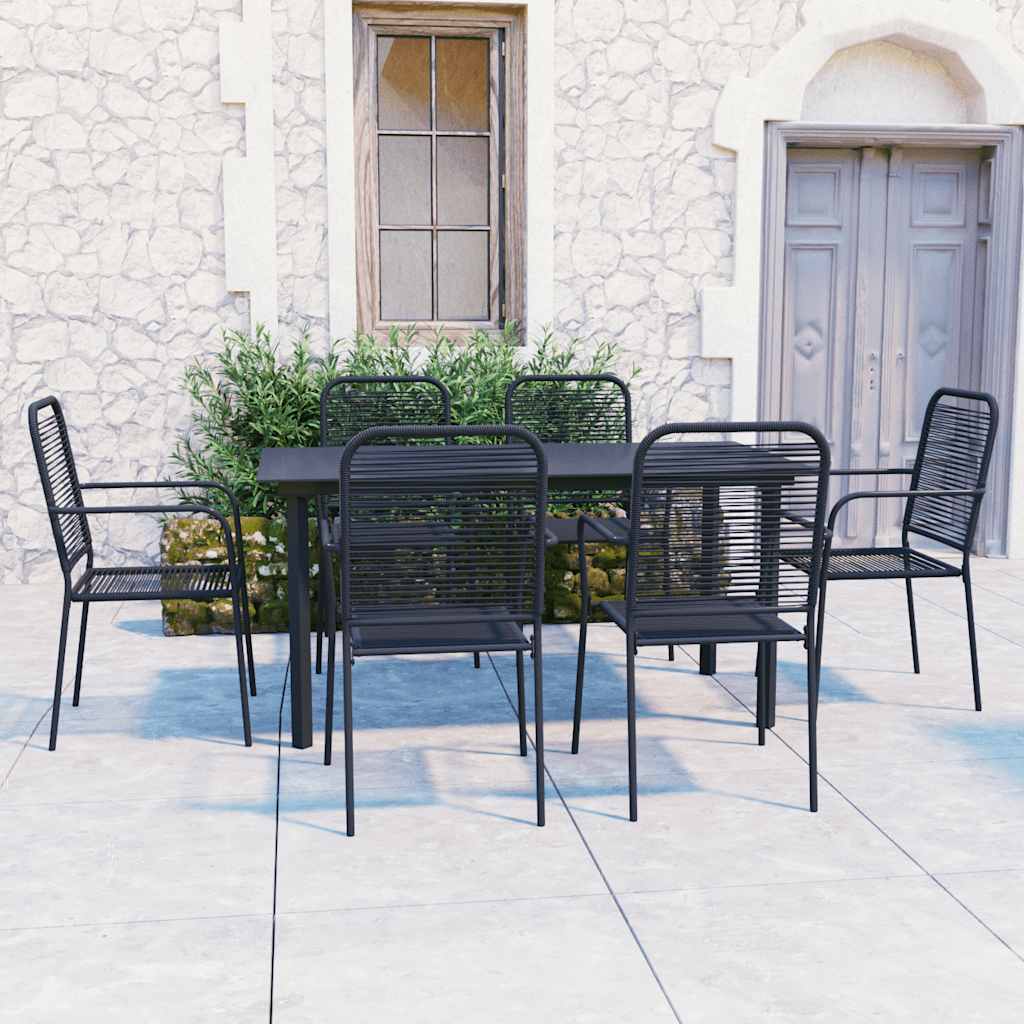 7 Piece Garden Dining Set Black Glass and Steel