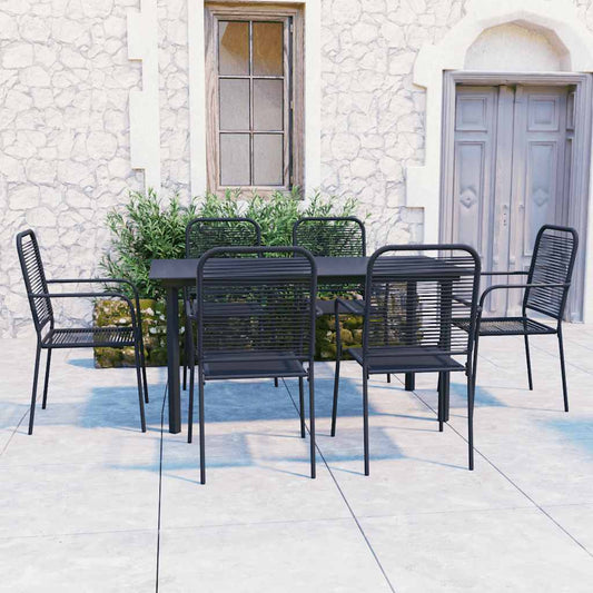 7 Piece Garden Dining Set Black Glass and Steel