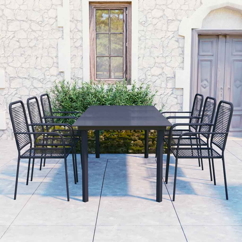 7 Piece Garden Dining Set Black Glass and Steel