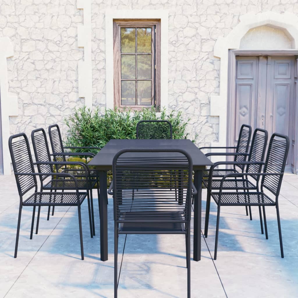 Garden Dining Set | Black | Powder-coated steel, glass, cotton rope