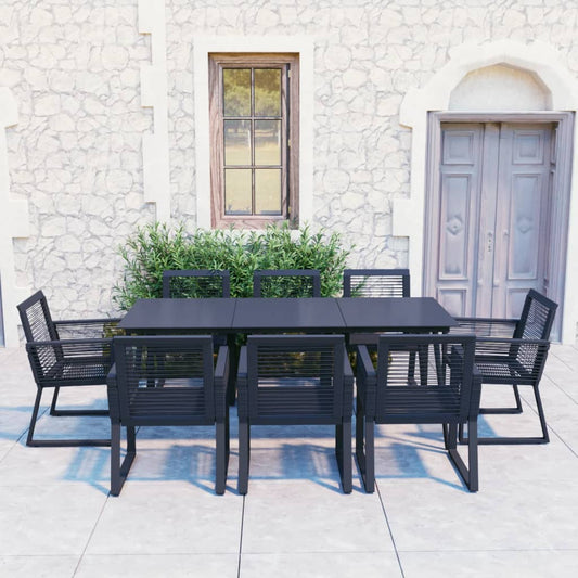 Dining Set | Black | PVC rattan, powder-coated steel, glass | 9 Piece Set