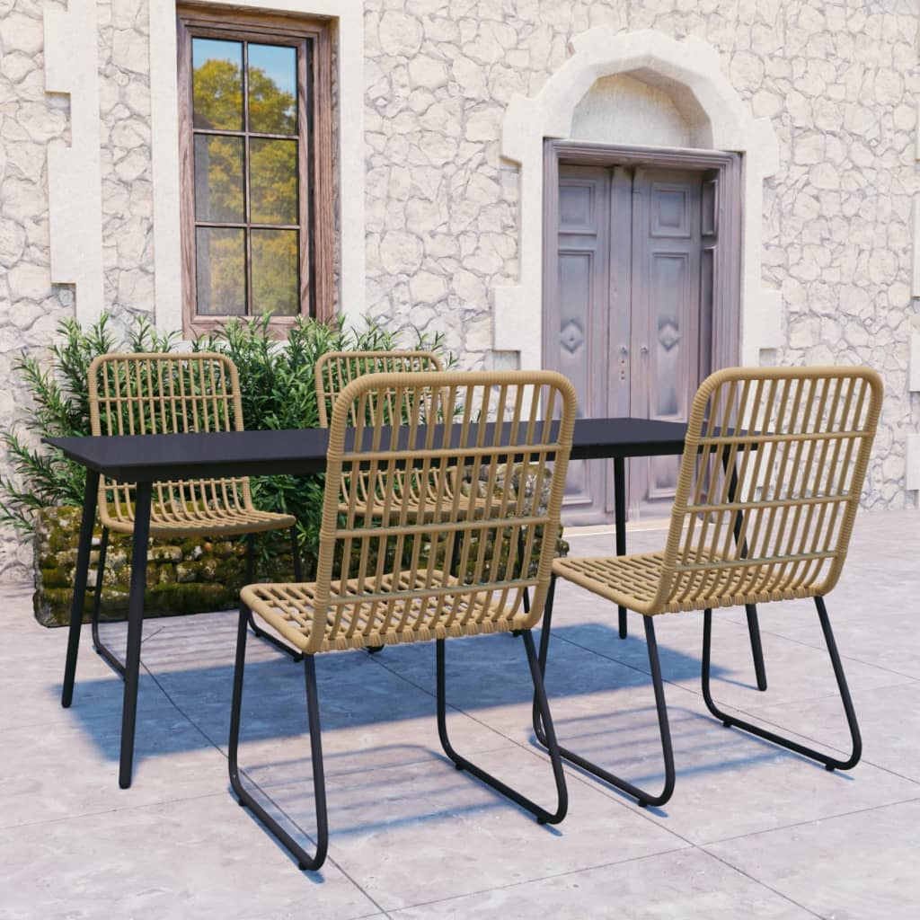 Dining Set | Oak and Black | Poly Rattan, Powder-Coated Steel, Glass
