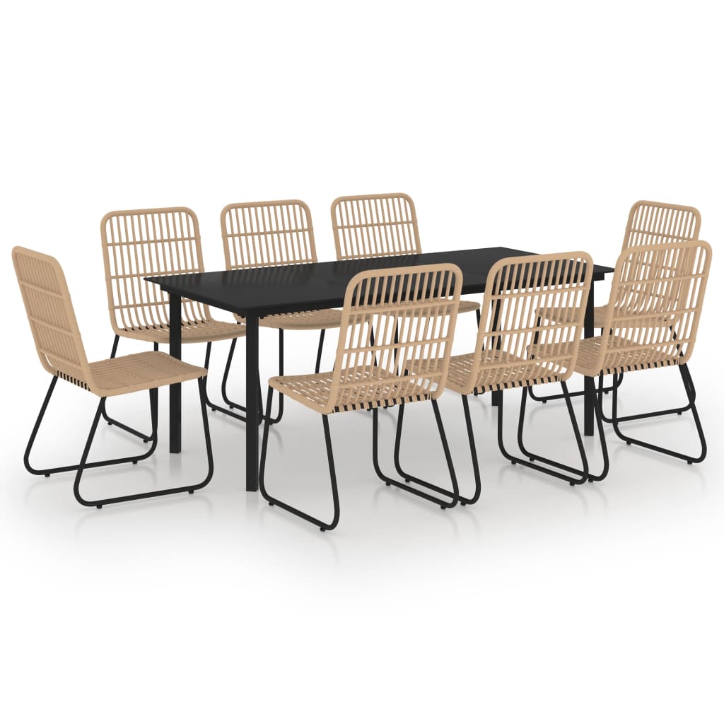 Dining Set | Oak and Black | Poly Rattan, Steel, Glass | Large