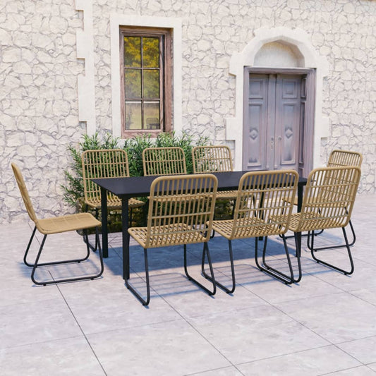 Dining Set | Oak and Black | Poly Rattan, Steel, Glass | Large