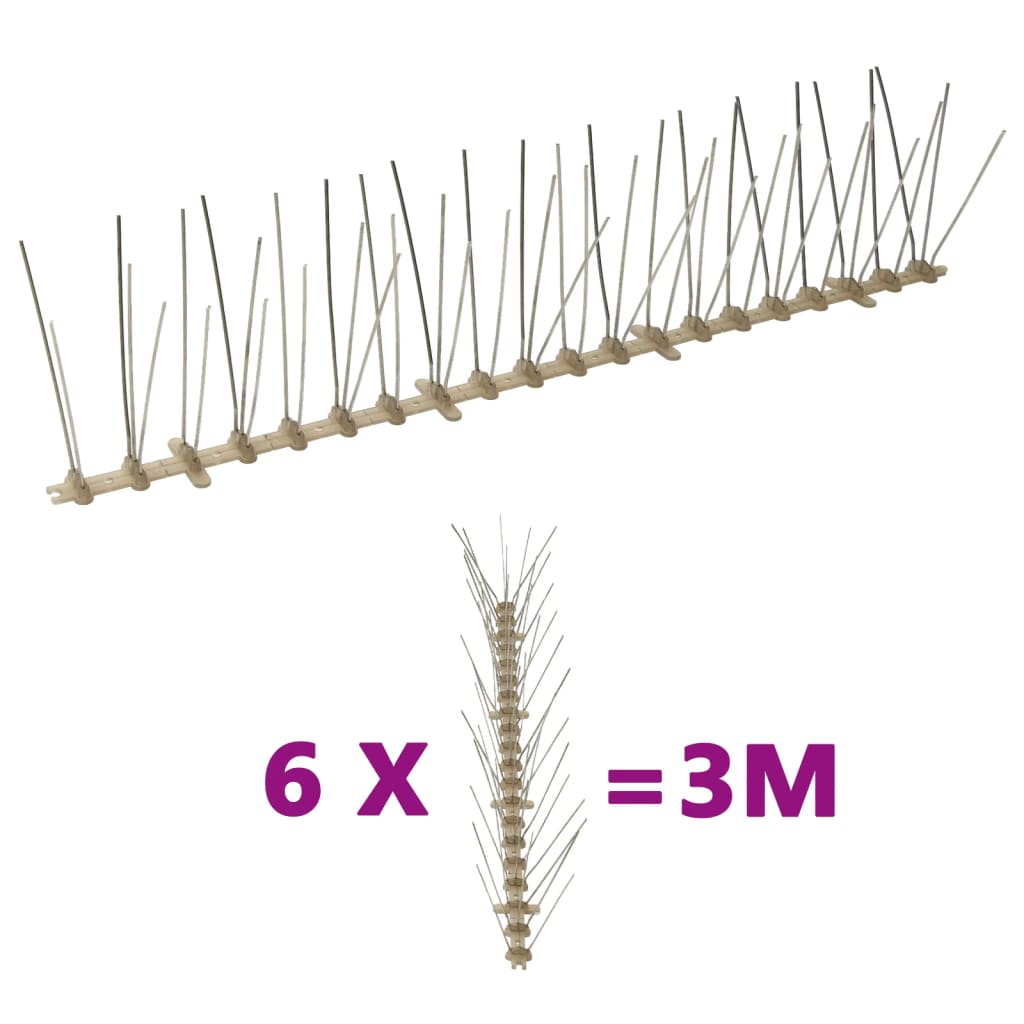 5-row Plastic Bird & Pigeon Spikes set of 6, 3 m length, designed to protect gardens from unwanted birds.