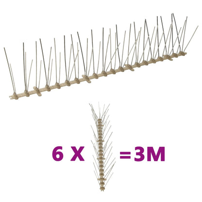 5-row Plastic Bird & Pigeon Spikes set of 6, 3 m length, designed to protect gardens from unwanted birds.