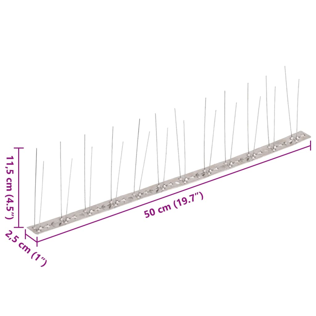 2-row Stainless Steel Bird & Pigeon Spikes Set of 20, designed to protect your house and garden from unwanted birds and animals; humane, weather-resistant, and waterproof.