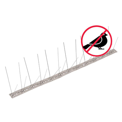 Close-up of the 4-row Stainless Steel Bird & Pigeon Spikes Set of 20 10 m highlighting the sharp pin heights effective against unwanted intruders.