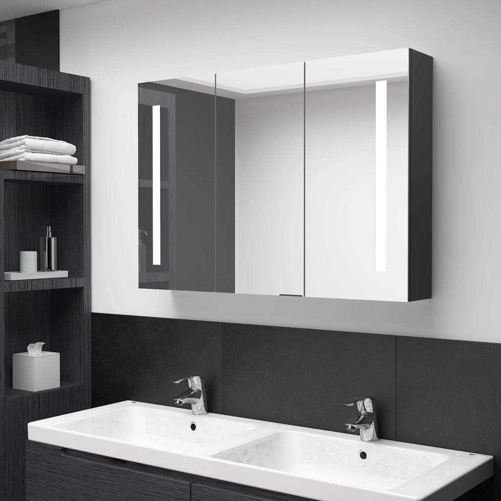 Bathroom Cabinet | Shiny Black | MDF Board with Melamine, Glass Mirror
