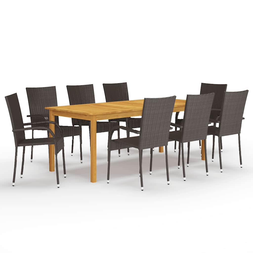 Dining Set | Brown | Solid acacia wood, PE rattan, powder-coated steel