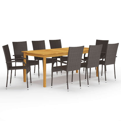 Dining Set | Brown | Solid acacia wood, PE rattan, powder-coated steel