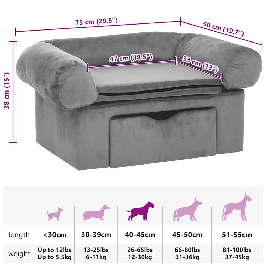 Dog Sofa | Grey | Plush | Small | Storage | Dog Sofa | Rectangular