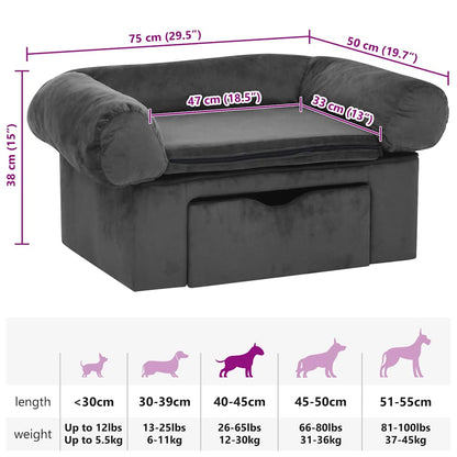 171079 vidaXL Dog Sofa with Drawer Dark Grey 75x50x38 cm Plush