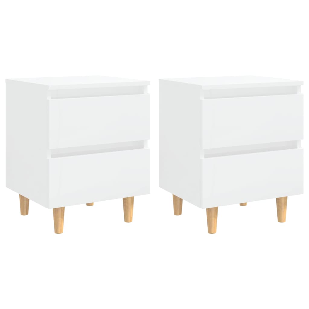 Bed Cabinet | Set of 2 | Glossy White | Engineered Wood, Solid Pinewood