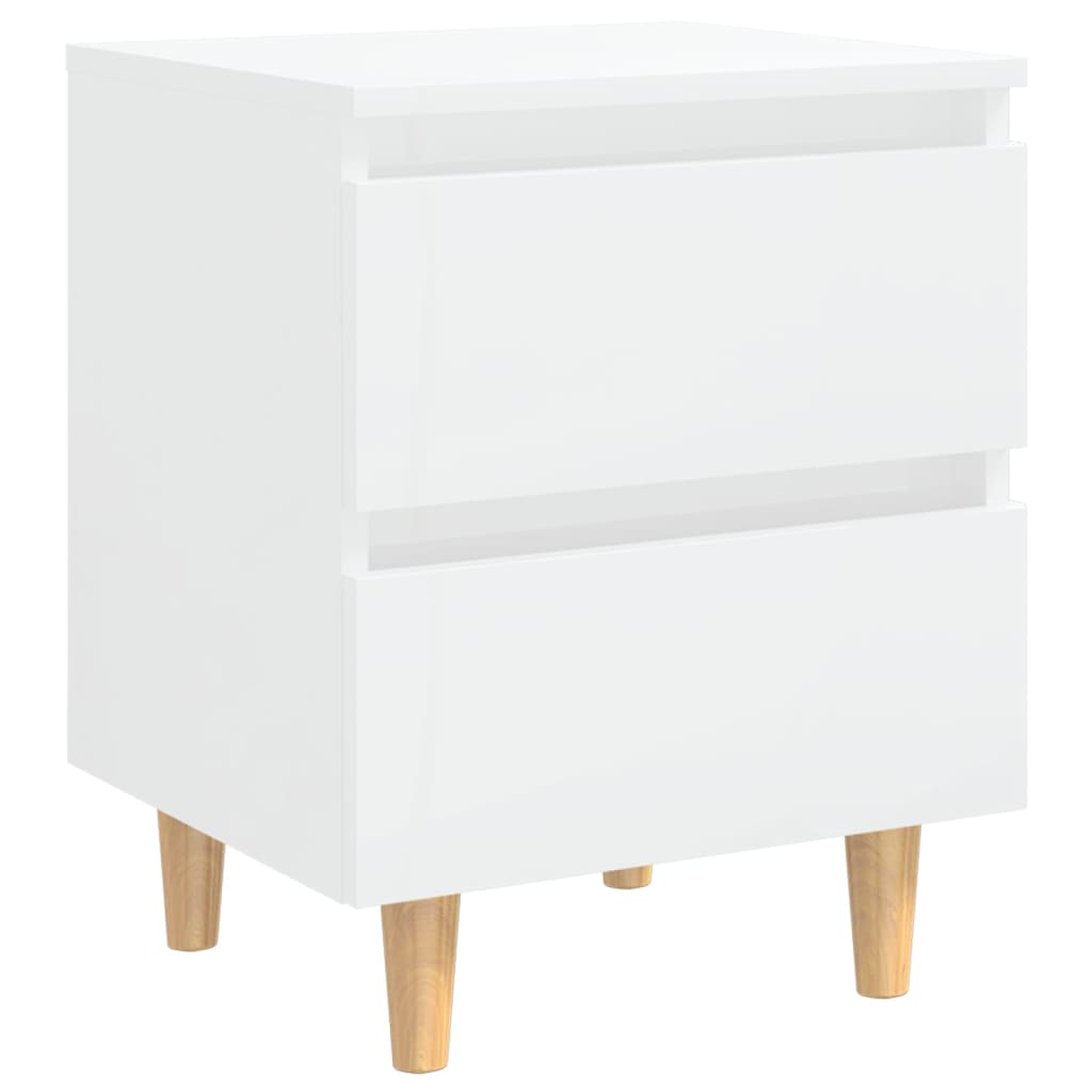 Bed Cabinet | Set of 2 | Glossy White | Engineered Wood, Solid Pinewood