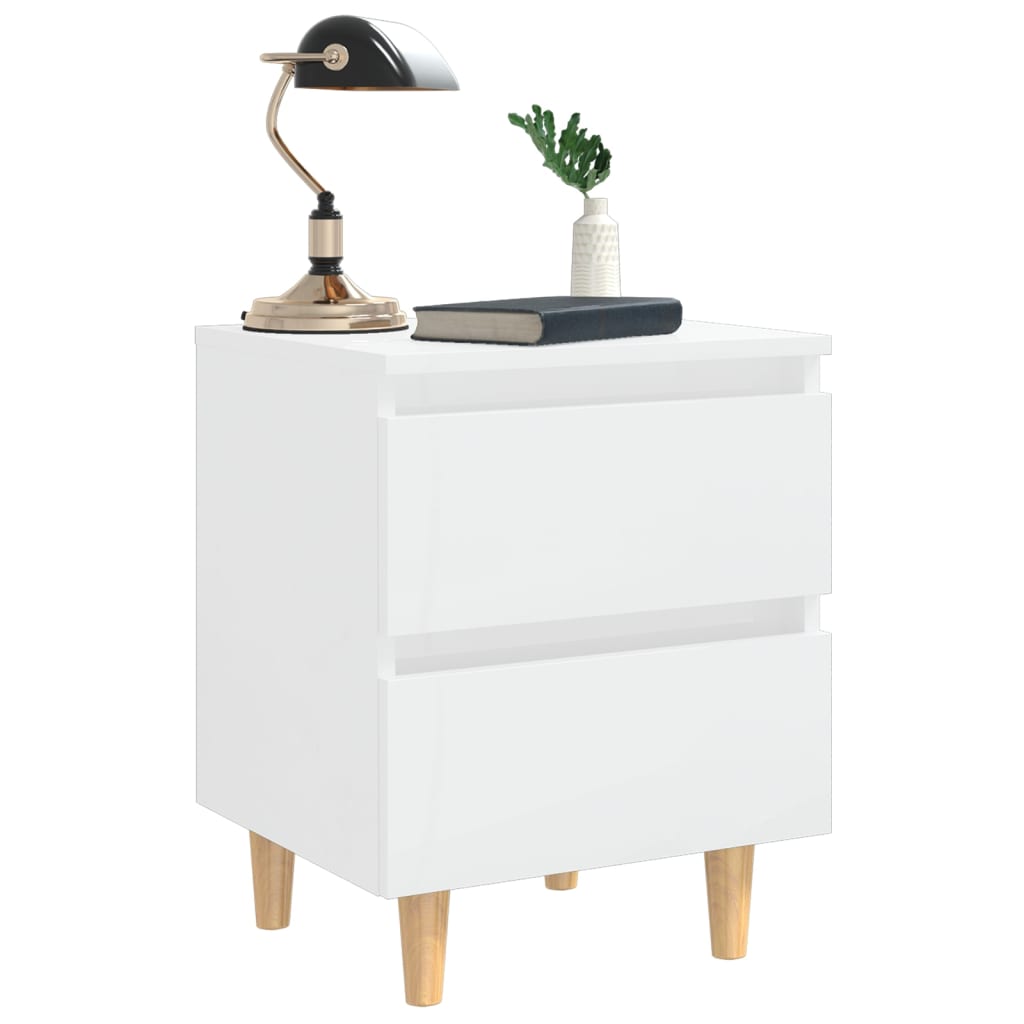 Bed Cabinet | Set of 2 | Glossy White | Engineered Wood, Solid Pinewood
