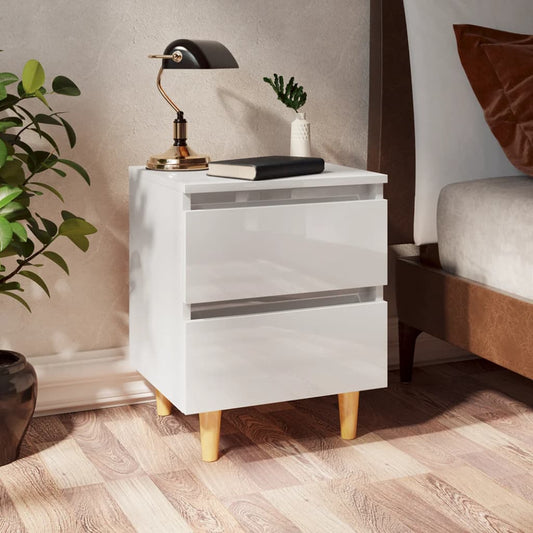 Bed Cabinet | Set of 2 | Glossy White | Engineered Wood, Solid Pinewood
