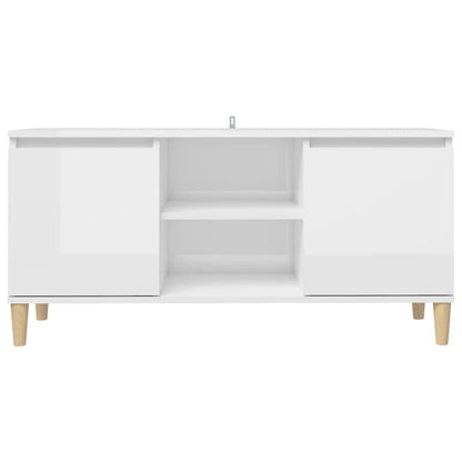 TV Cabinet & Solid Wood Legs High Gloss White 103.5x35x50 cm