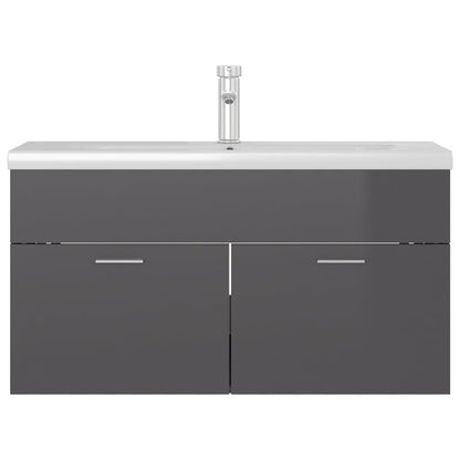 Sink Cabinet with Built-in Basin High Gloss Grey Engineered Wood